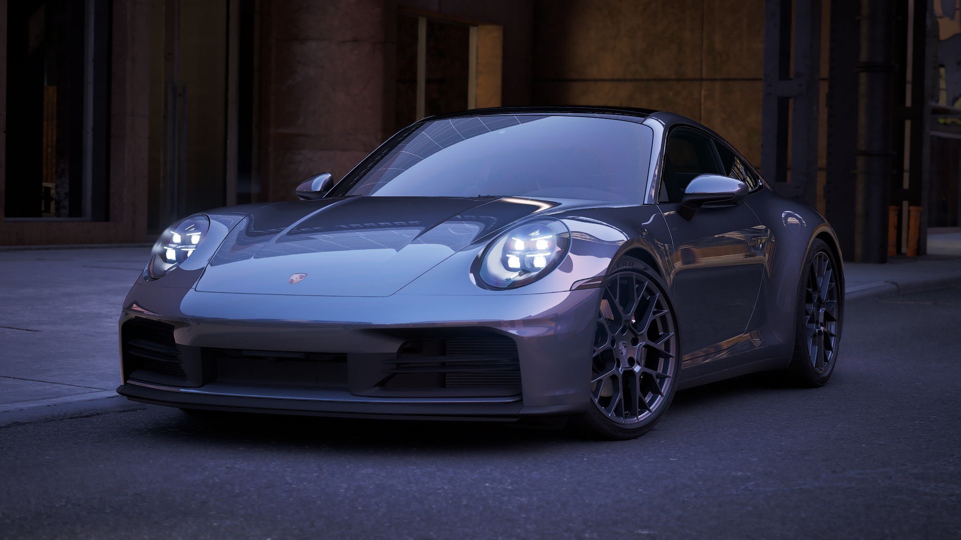 Slate Grey Neo Porsche 911 Carrera T, front three-quarter configuration render with illuminated headlights